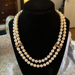 NWT Southern Living Pearl Double strand Necklace with  Bow Gold Accents